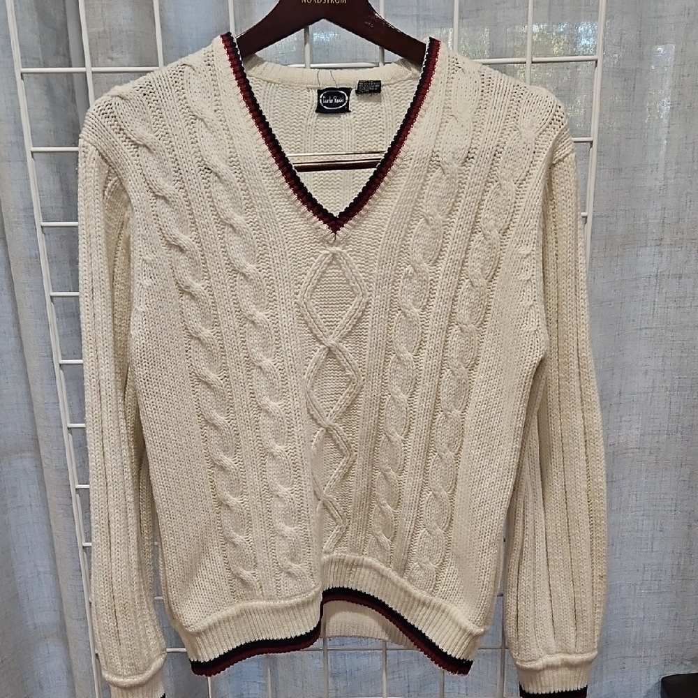 Vintage Cream V-Neck Cable Knit Tennis Sweater Fab